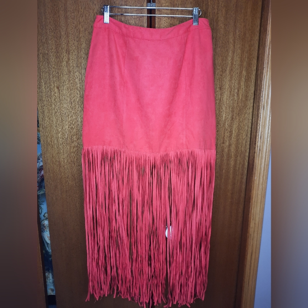 H&M Coachella Collection Vibrant Red Maxi Skirt with Fringe Size 10
